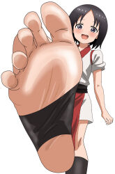 1girl barefoot black_eyes black_hair blush feet highres kibushi_(kunoichi_tsubaki_no_mune_no_uchi) kunoichi_tsubaki_no_mune_no_uchi looking_at_viewer medium_hair ninja open_mouth pov riokasen soles stirrup_legwear toeless_legwear toes