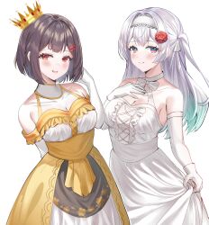 2girls absurdres blush breasts brown_hair cleavage crown devl_ga_aru dress elbow_gloves firefly_(honkai:_star_rail) flower gloves gold_crown green_pupils grey_hair hair_between_eyes hair_flower hair_intakes hair_ornament hairband highres honkai:_star_rail honkai_(series) large_breasts long_hair multicolored_eyes multiple_girls neck_ribbon open_mouth original ribbon short_hair smile two-tone_eyes white_dress white_gloves white_hairband white_ribbon