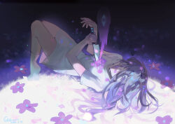 1girl absurdres black_eyes black_hair czorimu dress highres holding holding_knife knife long_hair looking_at_viewer lying mari_(faraway)_(omori) mari_(omori) omori on_back parted_lips short_sleeves socks solo something_(omori) spoilers stab white_dress white_socks