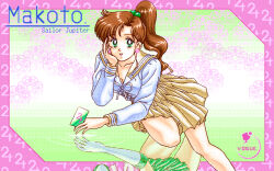1990s_(style) bishoujo_senshi_sailor_moon breasts brown_hair calling_card card cleavage earrings floral_background flower_earrings green_eyes holding holding_card inner_senshi jewelry jupiter_symbol kino_makoto pc-98_(style) pixel_art reflective_surface retro_artstyle sailor_jupiter sailor_senshi_uniform school_uniform serafuku vogue