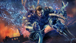 10s 1boy armor black_hair dual_wielding facial_hair final_fantasy final_fantasy_xv fingerless_gloves gloves holding kingsglaive:_final_fantasy_xv knife male_focus nyx_ulric pauldrons shoulder_armor solo stubble tdsuke weapon