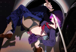 1girl black_panties blue_skirt breasts brown_pantyhose brown_shoes chromatic_aberration colored_inner_hair glint hair_over_eyes holding holding_sword holding_weapon in_washing_machine laundry long_sleeves loose_clothes loose_skirt mara_(raneblu) medium_breasts multicolored_hair navel neckerchief ootachi original panties pantyhose profile purple_hair purple_shirt raneblu red_neckerchief sailor_collar school_uniform shadow shirt shoes short_hair skirt smile solo sword underboob underwear weapon