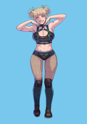1girl absurdres alexa_bliss alexa_bliss_(cosplay) armpits bare_shoulders bikini black_bikini black_boots blonde_hair blue_background blunt_bangs boku_no_hero_academia boots breasts choker cirenk cleavage commission cosplay crop_top double_bun full_body hair_bun highres knee_boots large_breasts looking_at_viewer midriff muscular muscular_female navel pantyhose parted_lips short_shorts shorts simple_background sleeveless smile solo standing swimsuit teeth toga_himiko wrestling_outfit wwe yellow_eyes