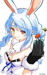 Rule 34 | 1girl, animal ear fluff, animal ears, bare shoulders, beckoning, black gloves, black leotard, blue hair, blush, bow, braid, breasts, carrot hair ornament, cleavage, commentary request, don-chan (usada pekora), dress, food-themed hair ornament, fur-trimmed gloves, fur trim, gloves, grin, hair bow, hair ornament, hand up, highres, hololive, kiritoma, leotard, long hair, multicolored hair, rabbit-shaped pupils, rabbit ears, red eyes, short eyebrows, signature, simple background, small breasts, smile, solo, strapless, strapless dress, strapless leotard, symbol-shaped pupils, thick eyebrows, twin braids, twintails, two-tone hair, upper body, usada pekora, usada pekora (1st costume), very long hair, virtual youtuber, white background, white bow, white dress, white hair
