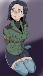 1girl absurdres ajikeneko blue_boots blue_eyeshadow blue_hair boots bound breasts comoli_harcourt dirty dirty_clothes eyeshadow formal_clothes green_eyes green_jacket green_suit gundam gundam_gquuuuuux high-waist_skirt high_heel_boots high_heels highres jacket makeup mole mole_under_eye restrained rope scared short_hair skirt solo suit tears thigh_boots turtleneck