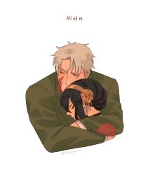 1boy 1girl black_hair blonde_hair blood blood_on_clothes blood_on_face commentary earrings english_commentary english_text formal_clothes fullmetal_alchemist gold_hairband green_suit hairband highres hug husband_and_wife jewelry parody scene_reference signature spy_x_family steohsama suit twilight_(spy_x_family) yor_briar