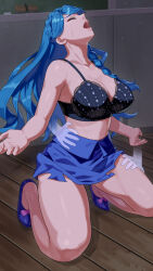 1boy 1girl black_bra blue_footwear blue_hair blue_skirt bra braid breasts chalkboard cleavage closed_eyes commission go!_princess_precure highres kaidou_minami large_breasts long_hair midriff open_mouth precure sexual_harassment shoes skeb_commission skirt thigh_grab torso_grab underwear yagi2013