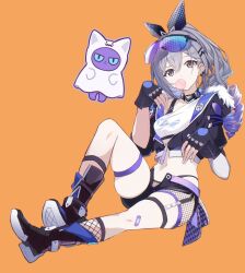 1girl black_boots black_choker black_gloves black_jacket black_shorts blowing_bubbles boots choker commentary crop_top cropped_jacket eyewear_on_head fingerless_gloves fishnets fur-trimmed_jacket fur_trim gloves gradient_hair grey_eyes grey_hair hair_ribbon highres honkai:_star_rail honkai_(series) jacket knee_up long_hair looking_at_viewer midriff multicolored_hair navel open_fly orange_background purple_hair ribbon saint_laurent_paris shirt short_shorts shorts silver_wolf_(honkai:_star_rail) simple_background sitting skindentation stomach sunglasses thigh_strap thighs white_shirt