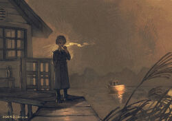 Rule 34 | black necktie, black pants, black shoes, boat, bright pupils, brown theme, building, coat, collared shirt, commentary request, dated, double-parted bangs, dress shirt, fog, glass bottle, hand in pocket, hand up, highres, holding, holding smoking pipe, jimini shijimi, necktie, ocean, original, pants, pier, pipe in mouth, plant, reflection, reflective water, scenery, shirt, shoes, smoke, smoking, smoking pipe, standing, trench coat, vent (object), watercraft, white-haired man (jimini shijimi), white hair, white pupils, white shirt, wide shot, wind, window