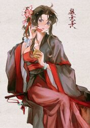 1girl ahoge alternate_hairstyle applying_makeup applying_own_makeup arm_ribbon artist_request black_hair black_hanfu bracelet breasts brown_hair character_name chinese_clothes chinese_text cleavage commission cosmetics dress eyelashes feet_out_of_frame fingernails flower flute gem genderswap genderswap_(mtf) hair_flower hair_ornament hair_ribbon hanfu highres holding instrument invisible_chair jade_(gemstone) jewelry large_breasts long_hair long_sleeves looking_at_viewer makeup modao_zushi nail_polish open_mouth powder_puff purple_eyes qixiong_ruqun red_dress red_gemstone red_lips red_nails red_ribbon ribbon sash second-party_source sharp_fingernails side_ponytail simple_background sitting solo tassel wei_wuxian white_background white_ribbon