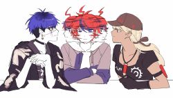 1girl 2boys ahoge baseball_cap bisexual_male black_hair blonde_hair blue_eyes blue_hair collarbone dark-skinned_female dark_skin earrings hat highres jewelry kawana_tsubasa long_hair looking_at_another motion_blur motion_lines multicolored_hair multiple_boys omokage_yugamu red_hair simple_background the_hundred_line_-last_defense_academy- turning_head white_background