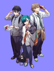 1other 2boys :d ahoge anklet antenna_hair aqua_hair aqua_sandals asymmetrical_bangs backpack bag bag_charm barbell_piercing black-framed_eyewear black_bag black_hair black_shirt black_shoes blue_bag blue_jacket blue_necktie blue_pants book bracelet breast_pocket brown_cardigan brown_eyes brown_hair buttons cable cardigan cardigan_around_waist cellphone charm_(object) clothes_around_waist collared_shirt commentary_request crossed_bangs diagonal-striped_clothes diagonal-striped_necktie ear_piercing earphones earphones_around_neck earrings glasses green_necktie green_shoes grey_cardigan hair_between_eyes hair_over_one_eye half_updo hand_up headphones headphones_around_neck highres holding holding_bag holding_book holding_phone industrial_piercing jacket jewelry kagami_hayato le_jouet_(nijisanji) long_sleeves looking_at_viewer multicolored_jacket multicolored_shoes multiple_boys necktie nijisanji off_shoulder open_book open_clothes open_jacket open_mouth outstretched_arm pants pants_rolled_up parted_bangs parted_lips pen phone piercing pink_shirt plaid_clothes plaid_pants pocket purple_background purple_eyes purple_pants red_eyes red_necktie ryuushen sandals school_bag school_uniform shirt shoes short_hair shoulder_bag simple_background sleeves_past_wrists sleeves_rolled_up smile standing striped_clothes striped_necktie teeth toes two-tone_shoes undershirt upper_teeth_only uwabaki v virtual_youtuber white_jacket white_shirt white_shoes wing_collar yumeoi_kakeru zmzm_hiji