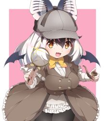 1girl animal_ears bat_ears bat_girl bat_wings bow bowtie brown_long-eared_bat_(kemono_friends) drias extra_ears grey_hair hat highres holding holding_magnifying_glass holding_smoking_pipe jacket kemono_friends kemono_friends_v_project long_hair looking_at_viewer magnifying_glass multicolored_hair pantyhose pink_background shirt simple_background skirt smoking_pipe solo streaked_hair virtual_youtuber wings yellow_eyes