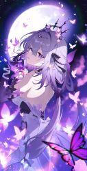 1girl back bare_shoulders black_tiara bow breasts bug butterfly castorice_(honkai:_star_rail) chromatic_aberration commentary cowboy_shot dress elbow_gloves flower from_behind gloves hair_between_eyes hair_bow hair_flower hair_intakes hair_ornament hand_up hashtag-only_commentary highres honkai:_star_rail honkai_(series) insect large_breasts long_hair looking_at_viewer parted_lips pink_flower pointy_ears purple_bow purple_butterfly purple_eyes purple_gloves purple_hair shoulder_blades solo tiara very_long_hair white_dress woodsage88