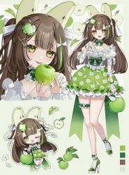 1girl :p ankle_socks apple apple_bag apple_earrings apple_hair_ornament apple_print apple_slice bag black_hair bow breasts buttons center-flap_bangs chain chibi cleavage_cutout closed_mouth clothing_cutout commentary corset earrings english_commentary food food-themed_bag food-themed_earrings food-themed_hair_ornament food_print food_themed_earrings frilled_shirt frilled_skirt frilled_socks frilled_thigh_strap frilled_wristband frills fruit fruit_print full_body green_apple green_bow green_nails green_shoes green_skirt green_streaks hair_bow hair_ornament hand_on_own_cheek hand_on_own_face hand_up handbag hands_up high_heels highres holding holding_bag holding_food holding_fruit jewelry juliet_sleeves layered_skirt leaf long_hair long_sleeves looking_at_viewer medium_breasts miniskirt multicolored_hair multiple_views nail_polish one_eye_closed open_mouth original personification platform_heels portrait print_skirt puffy_sleeves ring saika_usagi shirt shoes skirt smile socks standing standing_on_one_leg streaked_hair thigh_bow thigh_strap thighs tongue tongue_out two_side_up white_bow white_corset white_shirt white_socks wristband