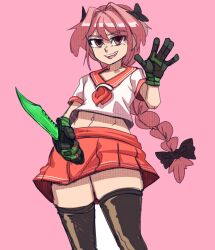 1boy \||/ absurdres astolfo_(fate) astolfo_(sailor_paladin)_(fate) black_bow black_gloves black_thighhighs bow braid commentary counter-strike_(series) counter-strike_2 crossdressing dagger english_commentary fate_(series) gloves hair_bow highres holding holding_dagger holding_knife holding_weapon hugo_(rushbordie) knife long_hair looking_at_viewer male_focus neckerchief open_mouth phallic_symbol pink_background pink_hair red_neckerchief red_sailor_collar red_skirt sailor_collar shirt simple_background single_braid skirt smile solo thighhighs trap waving weapon white_shirt