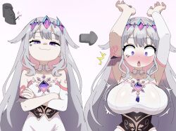 1girl :3 alternate_breast_size armband armpits arms_up arrow_(symbol) bare_shoulders blush breast_expansion breasts closed_mouth cowboy_shot crossed_arms detached_collar dress elbow_gloves fruithead gem_hair_ornament gloves gradient_background grey_hair highres hololive hololive_english koseki_bijou large_breasts long_hair looking_at_viewer moai multiple_views open_mouth pink_background pink_dress purple_eyes sidelocks simple_background single_glove smug sound_effects sparkle standing straight_hair surprised teeth triangle_mouth two-tone_dress upper_teeth_only very_long_hair virtual_youtuber wand white_dress
