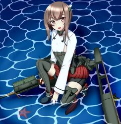 10s 1girl bike_shorts blush bow_(weapon) brown_eyes brown_hair crossbow female_focus flat_chest gen_1_pokemon headband headgear kantai_collection looking_at_viewer mizuhashi_haine open_mouth personification pleated_skirt short_hair skirt smile solo squatting starfish staryu taihou_(kancolle) thighhighs water weapon