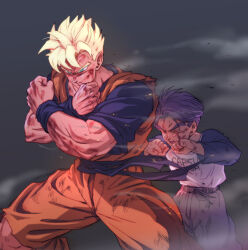 2boys aged_down blocking blonde_hair blood blood_on_face blue_shirt boriroba capsule_corp closed_eyes commentary_request cowboy_shot dirty dirty_clothes dougi dragon_ball dragonball_z floating_clothes floating_hair glowing glowing_hair green_eyes grey_background grey_pants highres looking_ahead male_focus multiple_boys muscular muscular_male orange_dougi pants protecting purple_hair raglan_sleeves shirt shirt_tucked_in short_hair smoke son_gohan son_gohan_(future) spiked_hair super_saiyan sweatband sweatpants teacher_and_student torn_clothes trunks_(dragon_ball) trunks_(future)_(dragon_ball)