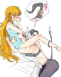 2girls bare_arms bare_legs barefoot between_legs black_bra black_pants blonde_hair blue_camisole blush bra camisole closed_eyes commentary_request demon_tail grabbing_another&#039;s_horns highres hornjob horns long_hair multiple_girls pants phoebe_(wuthering_waves) scar scar_on_arm simple_background sweat tail tail_around_another&#039;s_leg tail_wrap uncommon_stimulation underwear white_background white_hair wuthering_waves yuri yurikure4 zani_(wuthering_waves)