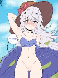 accidental_exposure blue_dress blush breasts cleavage clothes_lift cloud dialogue_box dress dress_lift fate/grand_order fate_(series) flat_chest gluteal_fold grass hat hat_ribbon legs long_hair melusine_(fate) pussy ran_sk ribbon sky surprised white_hair