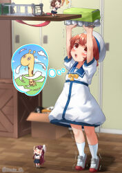3girls blue_sailor_collar bow box brown_eyes cardboard_box commentary_request depth_charge dress failure_penguin fairy_(kancolle) giraffe hair_rings hat highres imagining izumikuma kaiboukan_no._4_(kancolle) kantai_collection kirin_kai-ii long_hair low_twintails miss_cloud multiple_girls sailor_collar sailor_dress sailor_hat tiptoes twintails white_dress white_hat yellow_bow