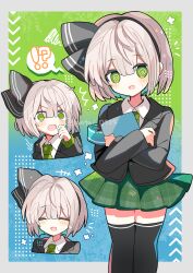 Rule 34 | !?, +++, 1girl, :d, @ @, ^^^, absurdres, adapted costume, alternate costume, armband, black bow, black hairband, black jacket, black thighhighs, blue background, blunt bangs, blush, border, bow, clipboard, closed eyes, commentary request, crossed arms, green background, green necktie, green skirt, grey hair, hair bow, hair intakes, hairband, highres, holding, holding clipboard, jacket, konpaku youmu, medium hair, miniskirt, multiple views, necktie, no nose, open mouth, outside border, plaid clothes, plaid skirt, pleated skirt, safety pin, school uniform, shirocha tei, skirt, smile, solid eyes, spoken interrobang, squiggle, surprised, sweatdrop, thighhighs, touhou, twitter username, two-tone background, upper body, watermark, white border, zettai ryouiki