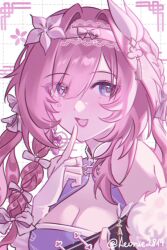 Rule 34 | 1girl, blue eyes, breasts, cleavage, commentary, cyrene (honkai: star rail), english commentary, finger to mouth, flower, hair flower, hair ornament, hairband, honkai: star rail, honkai (series), large breasts, leonie28, long hair, open mouth, pink hair, pink hairband, simple background, solo, twintails, upper body, white background