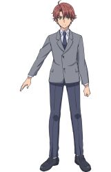 Rule 34 | 1boy, ahoge, anime coloring, brown hair, closed mouth, collared shirt, full body, grey necktie, grey pants, hair between eyes, jacket, loafers, long sleeves, looking at viewer, male focus, necktie, pants, sakimoto sayuri, shirt, shoes, short hair, simple background, socks, sokushi cheat ga saikyou sugite isekai no yatsura ga marude aite ni naranai n desu ga, solo, standing, transparent background, white shirt, yazaki suguru, yellow eyes