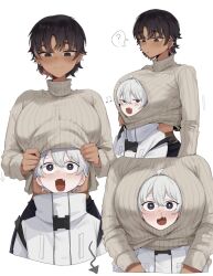 Rule 34 | 1boy, 1girl, ?, arrow (symbol), beamed eighth notes, between breasts, blood, blue pants, blush, bon (vtuber), breast cutout, breasts, bright pupils, brown hair, closed mouth, cropped torso, dark-skinned female, dark skin, double-parted bangs, ear piercing, earrings, fang, fish skeleton earrings, grey eyes, gurenola, hair between eyes, head between breasts, head under another&#039;s clothes, high collar, highres, indie virtual youtuber, jacket, jewelry, light smile, long sleeves, looking at another, looking down, motion lines, multicolored hair, multiple views, musical note, nosebleed, open mouth, pants, parted lips, piercing, pink streaks, raised eyebrows, ribbed sweater, short eyebrows, short hair, sideways glance, simple background, small sweatdrop, smile, speech bubble, spoken question mark, streaked hair, stud earrings, sweatdrop, sweater, thick eyebrows, turtleneck, turtleneck sweater, under another&#039;s clothes, white background, white hair, white jacket, white pupils, white sweater