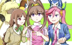 Rule 34 | 3girls, angoramon, appmon, blue jacket, brown hair, digimon, digimon (creature), digimon ghost game, digimon universe: appli monsters, digimon xros wars, dokamon, green background, group picture, highres, jacket, kisaki eri, long hair, multiple girls, pink hair, purple eyes, school uniform, shirt, simple background, sparrowmon, tsukiyono ruli, twintails, upper body, white shirt, zuhana