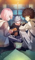 1girl 2boys black_hair black_shirt black_skirt black_socks breasts brown_pantyhose closed_eyes closed_mouth crossed_ankles crossed_arms expressionless fate/grand_order fate_(series) fujimaru_ritsuka_(male) fujimaru_ritsuka_(male)_(decisive_battle_chaldea_uniform) game_cg glasses grey_hair grey_jacket grey_pants guitar hair_between_eyes hand_on_own_arm high_collar holding holding_guitar holding_instrument hood hood_down hooded_jacket indian_style indoors instrument interlocked_fingers jacket kadoc_zemlupus kaworu_(kaw_lov) knees_up light_particles long_sleeves looking_down mash_kyrielight medium_breasts miniskirt multiple_boys no_shoes novum_chaldea official_art open_clothes open_jacket own_hands_together pants pantyhose pink_hair playing_guitar pleated_skirt seiza shirt short_hair sitting skirt smile socks spiked_hair third-party_source trinity_metatronius_(fate/grand_order) variant_set white_jacket white_pants window yellow_eyes