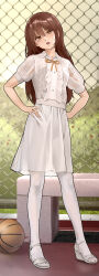 1girl absurdres ball basketball_(object) blouse brown_eyes brown_hair chinese_commentary commentary_request full_body hair_between_eyes highres long_hair looking_at_viewer md5_mismatch open_mouth original pantyhose shirt skirt solo standing thighhighs toes white_pantyhose white_shirt yewang19 yu_xuan_(yewang19)
