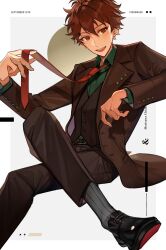 1boy belt belt_buckle black_belt black_shoes black_vest brown_hair brown_jacket brown_pants buckle buttons character_name collared_shirt crossed_legs dongbackbyul dress_shirt ensemble_stars! figure_four_sitting green_shirt grey_socks hair_between_eyes hand_up highres holding_necktie jacket lapels light_blush long_sleeves loose_necktie male_focus morisawa_chiaki necktie open_clothes open_jacket open_mouth pants red_eyes red_necktie shirt shirt_tucked_in shoes short_hair sitting smile socks solo teeth upper_teeth_only vest waistcoat