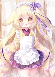 1girl amairo_chocolata animal_ears apron blonde_hair blush bow commentary_request cowboy_shot floral_print floral_print_kimono frilled_apron frilled_hairband frills hair_between_eyes hairband hamiyamiko japanese_clothes kimono long_hair long_sleeves looking_at_viewer momose_mitsuki open_mouth pleated_skirt print_kimono purple_skirt rabbit_ears skirt solo thighhighs very_long_hair white_apron white_bow white_hairband white_thighhighs wide_sleeves yellow_eyes yellow_kimono zettai_ryouiki