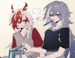 Rule 34 | !?, 2girls, ban45601, bite mark, bite mark on chest, bite mark on neck, black nails, black shirt, chinese commentary, commentary request, eighth note, faucet, feathers, fu hua, fu hua (garuda), grey hair, grey shirt, herrscher of sentience, highres, honkai (series), honkai impact 3rd, long hair, mouth hold, multicolored hair, multiple girls, musical note, red eyes, red hair, red sleeves, shirt, short sleeves, spoken musical note, streaked hair, two-tone hair, very long hair, white hair, yellow pupils