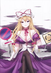 1girl arrow_(symbol) black_pantyhose blonde_hair bow breasts choker cleavage crossed_legs dress elbow_gloves gap_(touhou) gloves hair_bow hat highres large_breasts long_hair looking_at_viewer minust mob_cap pantyhose purple_dress purple_eyes red_bow red_ribbon ribbon ribbon_choker road_sign roundabout_sign sign sitting solo stop_sign third-party_source touhou very_long_hair white_gloves white_hat yakumo_yukari
