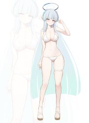1girl absurdres aipa alternate_costume bare_shoulders bikini blue_archive blush breasts cleavage closed_mouth collarbone commentary_request grey_hair grey_halo halo hand_up highres large_breasts light_smile long_hair looking_at_viewer navel noa_(blue_archive) purple_eyes simple_background stomach swimsuit thigh_strap very_long_hair white_background white_bikini zoom_layer
