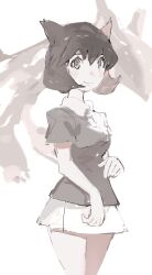 1girl aisutabetao bianca_(pokemon_heroes) breasts closed_mouth collared_shirt cowboy_shot gen_3_pokemon greyscale hair_between_eyes highres latias legendary_pokemon medium_breasts miniskirt monochrome nintendo pokemon pokemon_(anime) pokemon_(classic_anime) pokemon_(creature) pokemon_heroes:_latios_&amp;_latias shirt short_hair short_sleeves simple_background skirt smile solo white_background