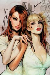 2girls black_choker blonde_hair blue_eyes breasts choker cleavage closed_mouth collarbone comic_cover commentary dc_comics english_commentary english_text eyeshadow green_eyes green_eyeshadow green_nails harley_quinn heart highres interlocked_fingers large_breasts long_hair looking_at_viewer makeup multiple_girls nail_polish official_art parted_lips pink_eyeshadow poison_ivy red_hair red_nails sozomaika t.a.t.u. textless_version yuri