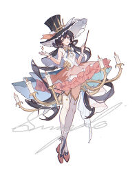 Rule 34 | 1girl, absurdres, aqua eyes, black hair, black hat, blue bow, blue bowtie, bow, bowtie, candle, candlestand, capelet, card, cloudyman, commentary, commission, crossed ankles, dress, frilled wrist cuffs, frills, full body, gloves, hat, highres, holding, holding wand, long hair, looking at viewer, multicolored dress, original, pink shoes, playing card, playing card hat ornament, sample watermark, shoes, simple background, single glove, single wrist cuff, solo, sparkle, thighhighs, top hat, very long hair, wand, watermark, white background, white gloves, white thighhighs, white wrist cuffs, wrist cuffs, yellow bow, yellow bowtie, zettai ryouiki