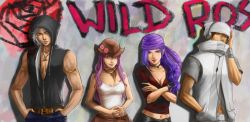 1980s_(style) 2boys 2girls alternate_costume armband bandana belt black_hair breasts casual choker cleavage contemporary crossed_arms final_fantasy final_fantasy_ii flower firion graffiti hands_in_pockets hat headphones highres hood hoodie jewelry leila leona_(hearsay142002) leon_(ff2) lineup lips lipstick long_hair makeup maria_(ff2) medium_breasts midriff minwu multiple_boys multiple_girls necklace oldschool own_hands_clasped own_hands_together pink_eyes purple_eyes purple_hair reila retro_artstyle rose scarf silver_hair