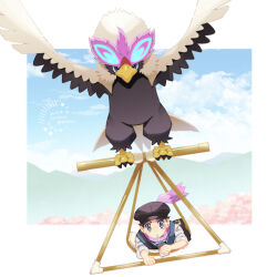 Rule 34 | 1boy, artist name, cocoloco, commentary request, creatures (company), dated, drinking, drinking straw, floating scarf, flying, game freak, grey eyes, hat, hisuian braviary, holding, holding juice box, looking at viewer, male focus, nintendo, official alternate costume, pokemon, pokemon (creature), pokemon masters ex, rei (academy) (pokemon), rei (pokemon), scarf, shirt, short hair, twitter username, vest