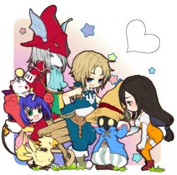 2boys 3girls aqua_pants aqua_ribbon aqua_vest ascot baggy_pants bare_shoulders belt bird black_mage_(final_fantasy) blonde_hair blue_ascot blue_coat blue_hair blush bodysuit boots bow breasts brown_hair burmecian chibi chocobo clenched_hands closed_mouth coat colored_skin creature cropped_vest eiko_carol final_fantasy final_fantasy_ix freija_crescent frilled_shirt_collar frills garnet_til_alexandros_xvii gloves glowing glowing_eyes grey_hair hair_bow hair_over_one_eye hair_ribbon hat helmet holding holding_unworn_clothes holding_unworn_hat horns kh_524 long_hair low-tied_long_hair medium_breasts mini_wings moogle mouse_girl mouse_tail multiple_boys multiple_girls neck_ribbon open_mouth orange_bodysuit overalls pants parted_bangs pink_bodysuit red_coat red_footwear red_gloves red_headwear red_sweater ribbon shirt short_hair_with_long_locks signpost single_horn sleeveless sleeveless_shirt smile striped_clothes striped_pants sweater swept_bangs tail tail_ornament tail_ribbon thigh_strap unworn_hat unworn_headwear vest vivi_ornitier white_shirt white_skin winged_helmet wings wizard_hat wrist_cuffs yellow_bow yellow_overalls zidane_tribal
