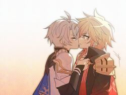 2boys antenna_hair armor black_choker black_coat black_shirt blonde_hair blue_cape braid cape chest_tattoo choker closed_eyes clothes_grab coat earrings facial_tattoo from_side gocheogja37862 gold_earrings gold_necklace gradient_hair hair_between_eyes hashtag-only_commentary honkai:_star_rail honkai_(series) jewelry kiss male_focus medium_hair multicolored_hair multiple_boys mydei_(honkai:_star_rail) necklace open_clothes open_coat pauldrons phainon_(honkai:_star_rail) red_hair red_tattoo shirt shirt_grab short_hair shoulder_armor side_braid single_pauldron tattoo white_coat white_hair yaoi