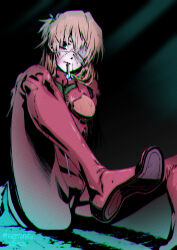 1girl blonde_hair blue_eyes breasts chromatic_aberration cigarette dark eyepatch highres hogerarara neon_genesis_evangelion scar sitting small_breasts smoking solo souryuu_asuka_langley