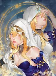 Rule 34 | 2girls, bare shoulders, blonde hair, blue dress, blue eyes, breasts, cleavage, detached sleeves, dress, eileen art, genshin impact, hair between eyes, heterochromia, highres, jewelry, lips, long hair, looking at viewer, multiple girls, parted lips, realistic, rhinedottir (genshin impact), upper body, veil, yellow eyes