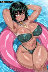 Rule 34 | 1girl, alternate breast size, armpits, arms behind head, arms up, artist name, bikini, black choker, blannis, breasts, choker, cleavage, collarbone, covered erect nipples, crossed legs, curvy, eyelashes, female focus, fubuki (one-punch man), green bikini, green eyes, green hair, grin, heart, heart choker, huge breasts, jewelry, lips, looking at viewer, lying, matching hair/eyes, naughty face, navel, necklace, o-ring, o-ring bikini, o-ring top, on back, one-punch man, parted lips, pool, short hair, smile, solo, stomach, strapless, strapless bikini, swimsuit, tan, teeth, thick thighs, thighs, underboob, water, wet, wide hips