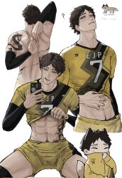 1boy ? abs arm_tattoo back_tattoo black_hair cellphone closed_mouth clothes_lift compression_sleeve freaka_loonyz haikyuu!! hand_on_own_stomach highres holding holding_phone jacket lifting_own_clothes male_focus male_underwear male_underwear_peek navel phone selfie shirt shirt_lift short_hair shorts shoulder_tattoo simple_background smartphone solo sportswear suna_rintarou tattoo thighs toned toned_male track_jacket underwear volleyball_uniform white_background yellow_eyes