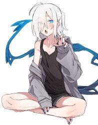 1girl ahoge azuma_shino black_tank_top blue_eyes blue_tail blush crossed_legs eyes_visible_through_hair fang flat_chest grey_hoodie grey_nails grey_shorts hair_over_one_eye heterochromia hood hoodie nail_polish nowareno_(azuma_shino) open_mouth original pointy_ears ponytail protected_link short_bangs short_hair short_ponytail shorts simple_background slit_pupils solo tail tank_top toenail_polish toenails white_background white_hair
